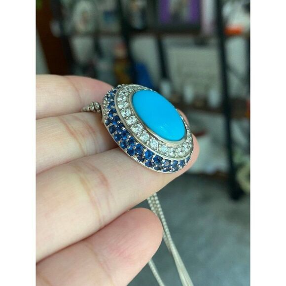 925 Turquoise/Cz/Sapphire Oval Pendant Necklace - Picture 10 of 11